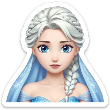 Cinematic Stunning Elsa Portrait Emoji, Ice-blue gown shimmering, platinum hair flowing in a graceful braid, piercing blue eyes glowing with icy magic, an aura of regal power and breathtaking beauty, frozen elegance at its finest! sticker