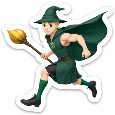 A muscular strong Slytherin student in final year without hat, sitting on a broomstick between his legs, chasing after a golden snitch sticker
