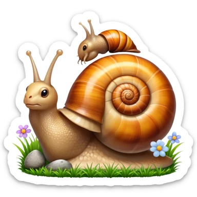 Close-up of large home snails inside a terrarium, showcasing their soft, spiral shells and glistening bodies, with a gentle light highlighting their details. With stones and grass and flowers. Transparent background. sticker