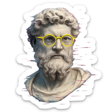 Greek marble bust with curly hair and beard, neon yellow round glasses, digital glitch effects, cyberpunk style, centered, ultra-detailed, soft shadows, clean edges, transparent background sticker