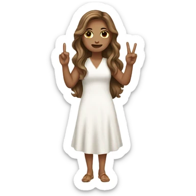 Brown long hair white girl holding up peace sign white dress sticker