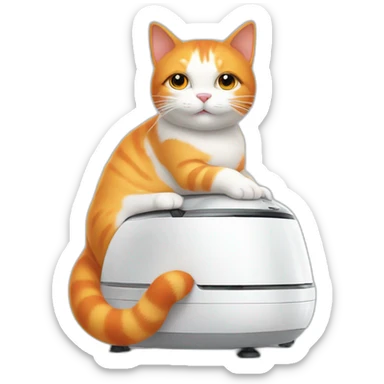 fat white and orange cat sitting on top of white robot vacuum sticker