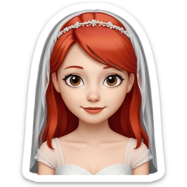 милая девушка невеста, с фатой, рыжими прямыми волосами по плечи, с черными макияжем глаз, тонкими бровями, с улыбкой, в стиле Apple avatar sticker
