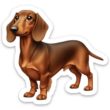 a full-length brown dachshund with light brown fluffy ears and a breast sticker