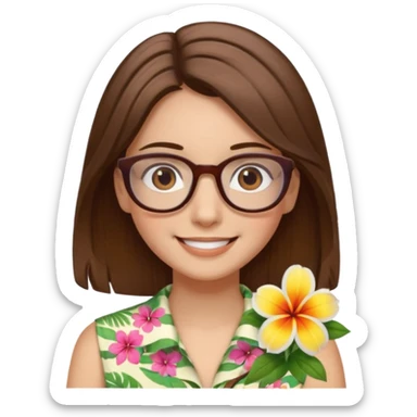 Hawaii female with fair skin. Shoulder length straight brown hair. Brown eyes with glasses. Hawaiian Flower in hair sticker