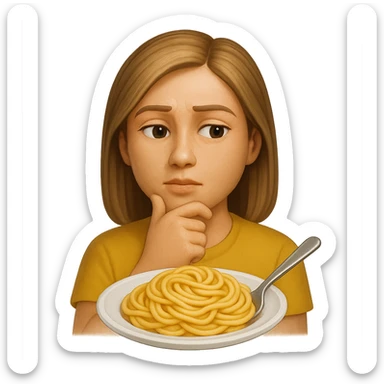 donna che guarda pensierosa un piatto di pasta, stile emoji iphone, iperrealistico 4k sticker