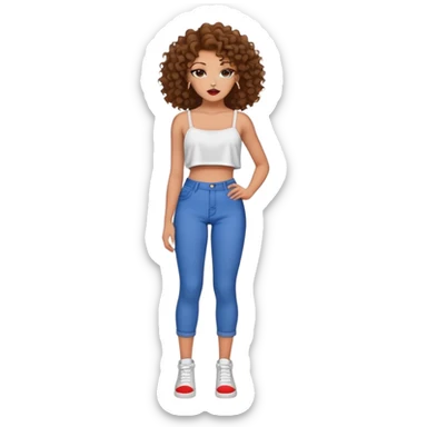 Full body teenage girl with curly brown hair, heavy makeup, big lips, crop top and choni style clothing sticker
