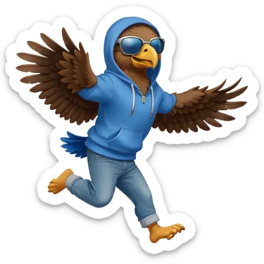 friendly anthropomorphised eagle with arms in a hoodie and jeans jumping and wearing sunglasses sticker