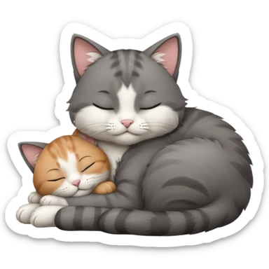 dark grey and white small cat with closed eyes, leaning his head on his paw while leaning on his elbow lying down sticker