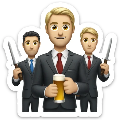 Three Caucasian men in suits with slick hair holding a beer and a sword sticker