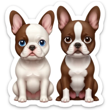 All pure White French bulldog with blue eyes sitting next to brown Boston terrier sticker