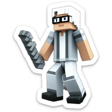 A minecraft character with white skin, white hair, thug life glasses, pale gray striped shirt, gray white pants and black shoes is digging a mountain in minecraft, the game land. sticker