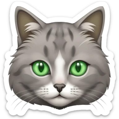 grey cat with green eyes and white stain below the blow sticker