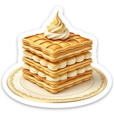 Mille-feuille Cinematic Realistic Mille-Feuille Dessert Emoji, depicted as a delicate pastry composed of two crisp layers of puff pastry with a rich cream filling, rendered with intricate textures and elegant, soft lighting. sticker
