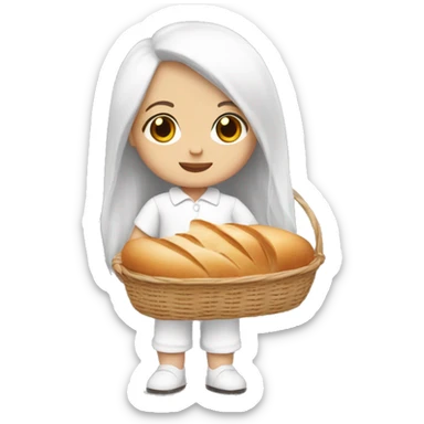 cute white doll, with jumpsuit, white shirt in it, long straight hair, holding a bread basket sticker