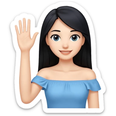 cewe ramah Kulit putih bersih, rambut hitam panjang sleek lurus. Pakai atasan biru muda off the shoulder . Pose tangan nyapa, tatapan senyum percaya diri. sticker