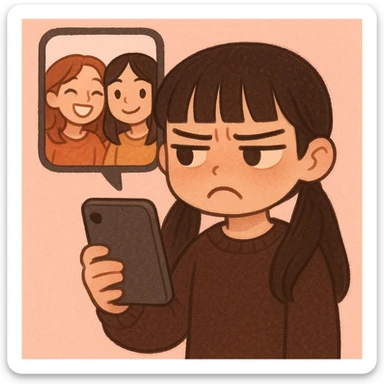 stylized illustration of a young girl with long dark hair in pigtails and blunt fringe, dark brown outfit, holding a phone with a jealous, annoyed face; enlarged phone screen shows two friends smiling in a selfie; minimal pink background; soft and cute cartoon style; focus on her emotional reaction sticker