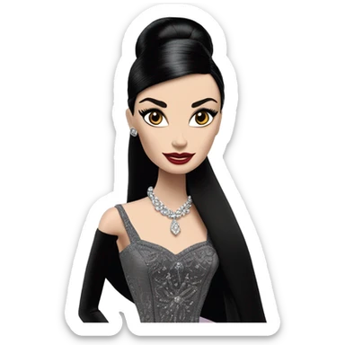 Audrey Hepburn as Sabrina Barbie.Morticia Addams. Show full body. Embroidered long black gown with accessories jewelry and gloves  sticker