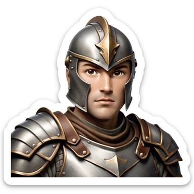 Cinematic Realistic WoW Human Warrior Portrait, head tilted dramatically with an exaggeratedly amused expression, blending rugged heroism with a hint of lighthearted charm. His chiseled face, framed by meticulously rendered steel armor and leather accents in consistent greys and bronzes, is brought to life with dynamic lighting and high shine, dramatic yet whimsical, capturing the essence of a warrior whose epic might is coupled with an approachable, playful demeanor. sticker