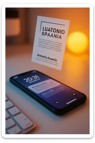 A photo of an iPhone with the message "Antonio Anania" on its screen, hovering over it is another document floating in mid-air, both surrounded by soft light and shadow. The phone sits atop a desk with a blurred background that suggests work environment. A faint glow from above casts gentle shadows across the surface of each object, creating depth and highlighting their textures. sticker