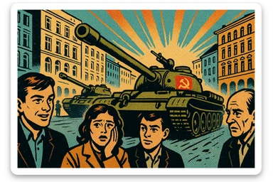 Soviet tanks with the communist party logo on the side entering the city of Prague in 1968 with people standing around watching and worried sticker
