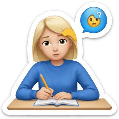 blonde girl in a blue sweater with a tired look studies lessons emoji ios 18.1 sticker
