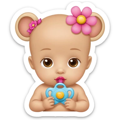 Light skin baby with big brown eyes with pacifier in mouth with flower bow sticker