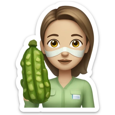Girl with freackles Brown hair and white skin blue eyes wears skin care mask Thats Green and on top of that pickle on her closed eyes sticker