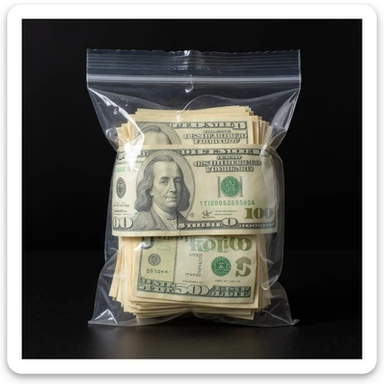 Create a hyper-realistic, very professional image of a stack of crisp, realistic cash inside a clear, high-quality plastic bag. The bag should be transparent with subtle reflections and details, resembling professional packaging. No background. sticker