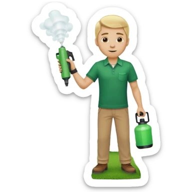 man blonde hair and no hat with a emerald green shirt and tan pants on carrying chemical sprayer and pointing it downwards to spray at bright green grass sticker