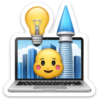 Emoji de una agencia creativa: edificio moderno pequeño con laptop y bombilla de ideas, estilo emoji minimalista, colores planos, líneas limpias, aspecto profesional y amigable, fondo transparente. sticker