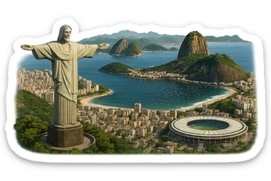 cinematic realistic emoji of Rio de Janeiro skyline featuring Christ the Redeemer, Sugarloaf Mountain, Copacabana Beach, Maracanã Stadium, lifelike detail, accurate colors, bright daytime lighting, wide city view, no sky, no clouds, transparent background sticker
