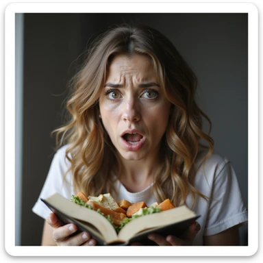 adult woman, photorealistic, throwing away a diet book with exasperated expression, scale in background, natural light, kitchen background sticker