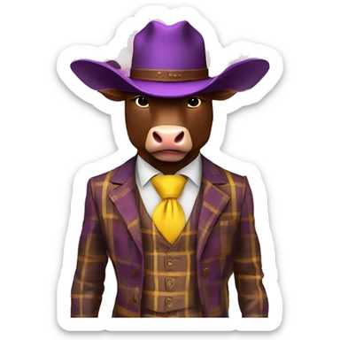 Brown bull with horns standing wearing brown cowboy hat 3 piece purple plaid suit with yellow tie and brown shoes  sticker