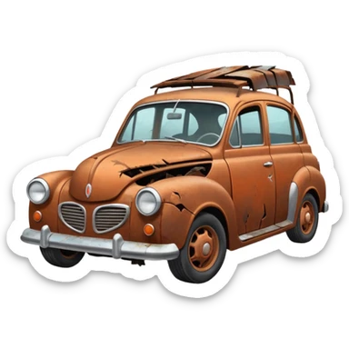 Side view of a broken-down old car with steam from the bonnet, shattered windows, rusted doors, a flat tire, dents, peeling paint, and a grimy, neglected look. sticker