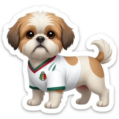 white and light brown shih zhu wearing a mexico soccer jersey v neck 2026 work cup sticker