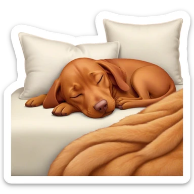 Meme-Worthy Cute Sleeping Vizsla Portrait Emoji, Head resting peacefully with a contented smile, showcasing a sleek, athletic build and a luxuriously soft rust and gold Fur, eyes shut in a serene nap, Simplified yet hilariously adorable features, highly detailed, glowing with a soft, drowsy light, high shine, relaxed and utterly lovable, stylized with an air of playful laziness, bright and heartwarming, soft glowing outline, capturing the essence of a comically sleepy companion, so meme-worthy it feels like it could instantly become the next viral sensation of adorable slumber! sticker