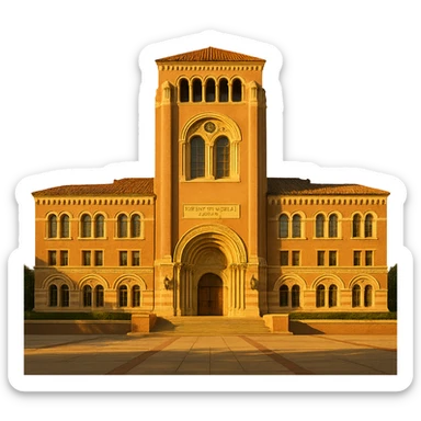 cinematic, realistic emoji of the Doheny Memorial Library at the University of Southern California in Los Angeles, straight-on perspective, featuring its iconic Romanesque Revival architecture, lifelike detail, bright regal lighting as on a sunny day, accurate building colors, transparent background sticker