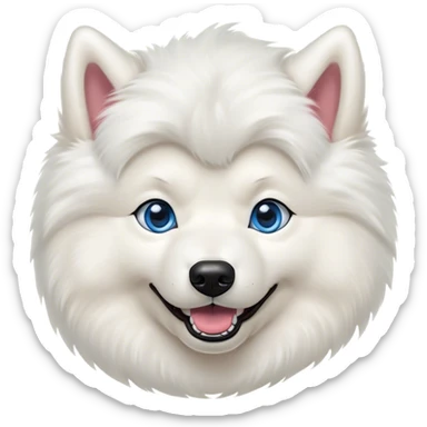 Cinematic Comical Samoyed Portrait Emoji, Head tilted dramatically with an exaggeratedly amused expression, featuring a striking, fluffy white Fur with a radiant sheen, wide, expressive blue eyes filled with playful disbelief, Simplified yet hilariously expressive features, highly detailed, glowing with a slightly sassy glow, high shine, dramatic yet playful, stylized with an air of cheeky mischief, bright and endearing, soft glowing outline, capturing the essence of a spirited and over-the-top companion, so meme-worthy it feels like it could side-eye its way into internet fame instantly! sticker