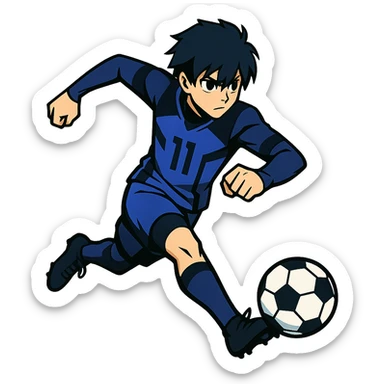 anime soccer player inspired by Blue Lock, dynamic pose, blue and black uniform sticker