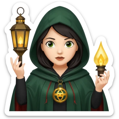 traitor tv show, dark haired woman wearing dark green cloak with hood up who looks evil and is holding up a lantern sticker