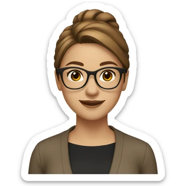 Girl with straight hair brown hair, smiling gold glasses with black blouse and light brown cardigan. sticker