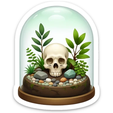 A terrarium glass dome with an animal skull inside, shiny pebbles and crystal inside. And plants inside  sticker