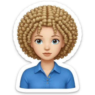 white girl with curly afro and blue shirt sticker