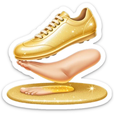 emoji of a human foot pressing on the ground, with two short curved pressure lines under the sole to show the weight, surrounded by shiny glitter sparkles for a bright and sparkling effect, simple cartoon style sticker