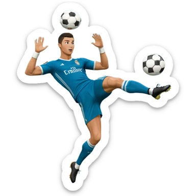 Ronaldo doing a bicycle kick with football in mid air While wearing a Retro blue Real madrid kit and yes i want it to be exactly the same as he Scored it in 2018 vs Juventus  sticker