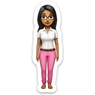 Indian standing lady wear white shirt & pink pant black hair also have spectacle sticker
