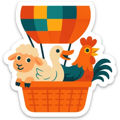 Remove the background, keep only the group of farm animals in the hot air balloon, vibrant toon style, with no background. sticker