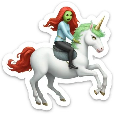 [politically incorrect
	{ woman: alien, color: light green, hair:red, eyes:cat} ]
	on a 
	[{ unicorn: white, legged:four, mane: light blue }] sticker