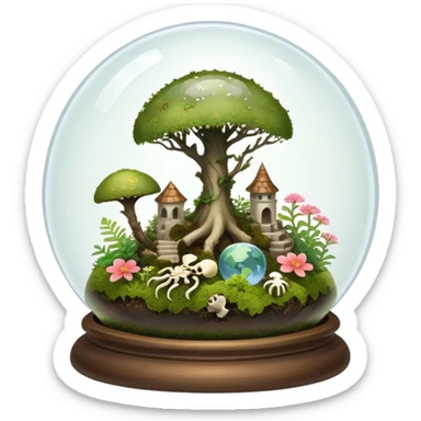 Mystical woodland glass-dome-terrarium-globe with moss inside, with bones inside, and flowers inside  sticker